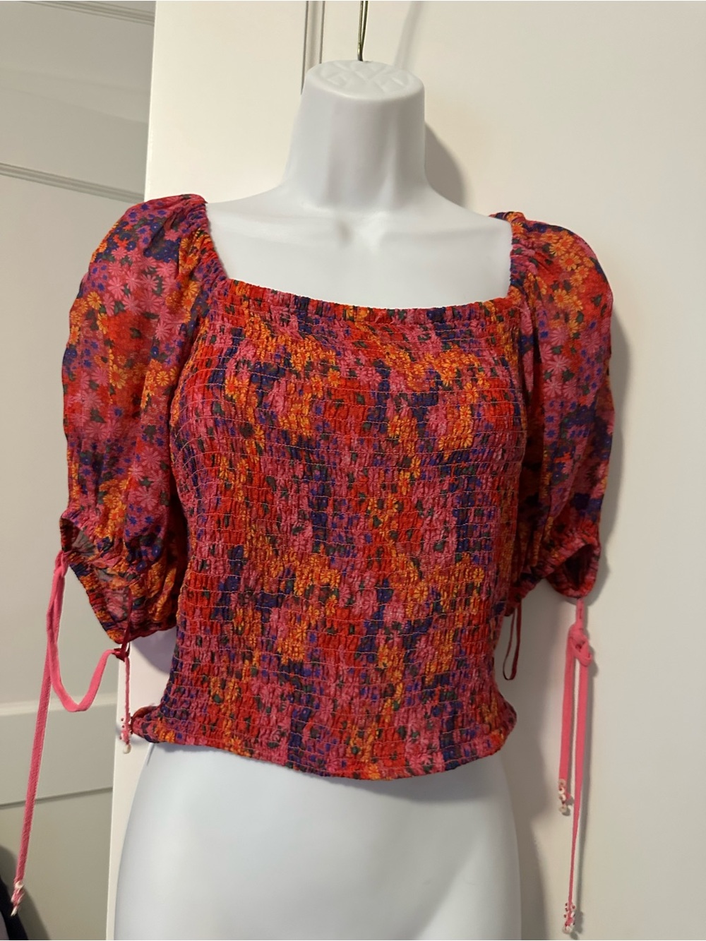 Free People Smocked Square-Neck Crop Top in Pink, Orange & Purple